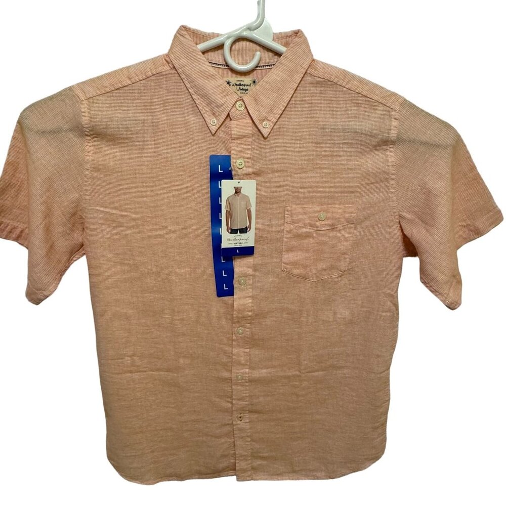 Mens Shirt Large Orange Weatherproof Vintage Short Sleeve Button Down L Lg Peach